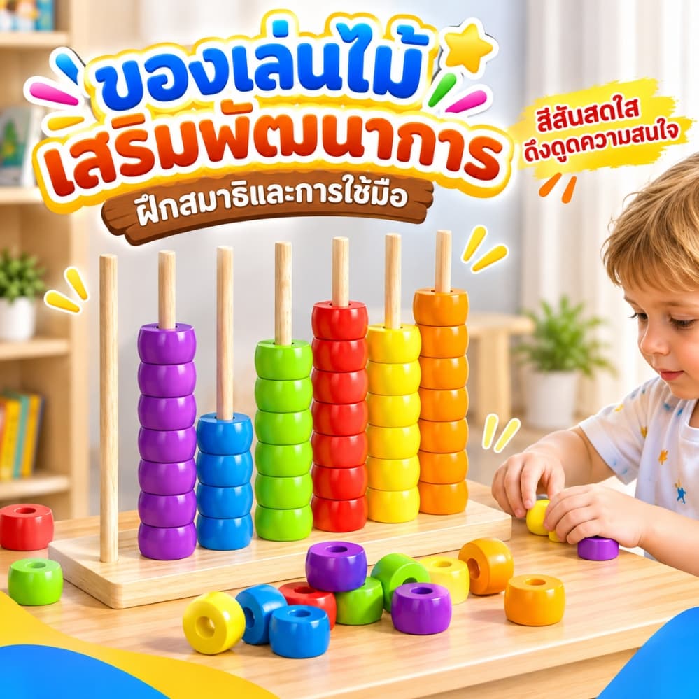 ของเล่นไม้เรียงห่วงสี Montessori ฝึกกล้ามเนื้อมัดเล็ก เรียนรู้สีและการนับ ของเล่นเสริมพัฒนาการเด็ก…