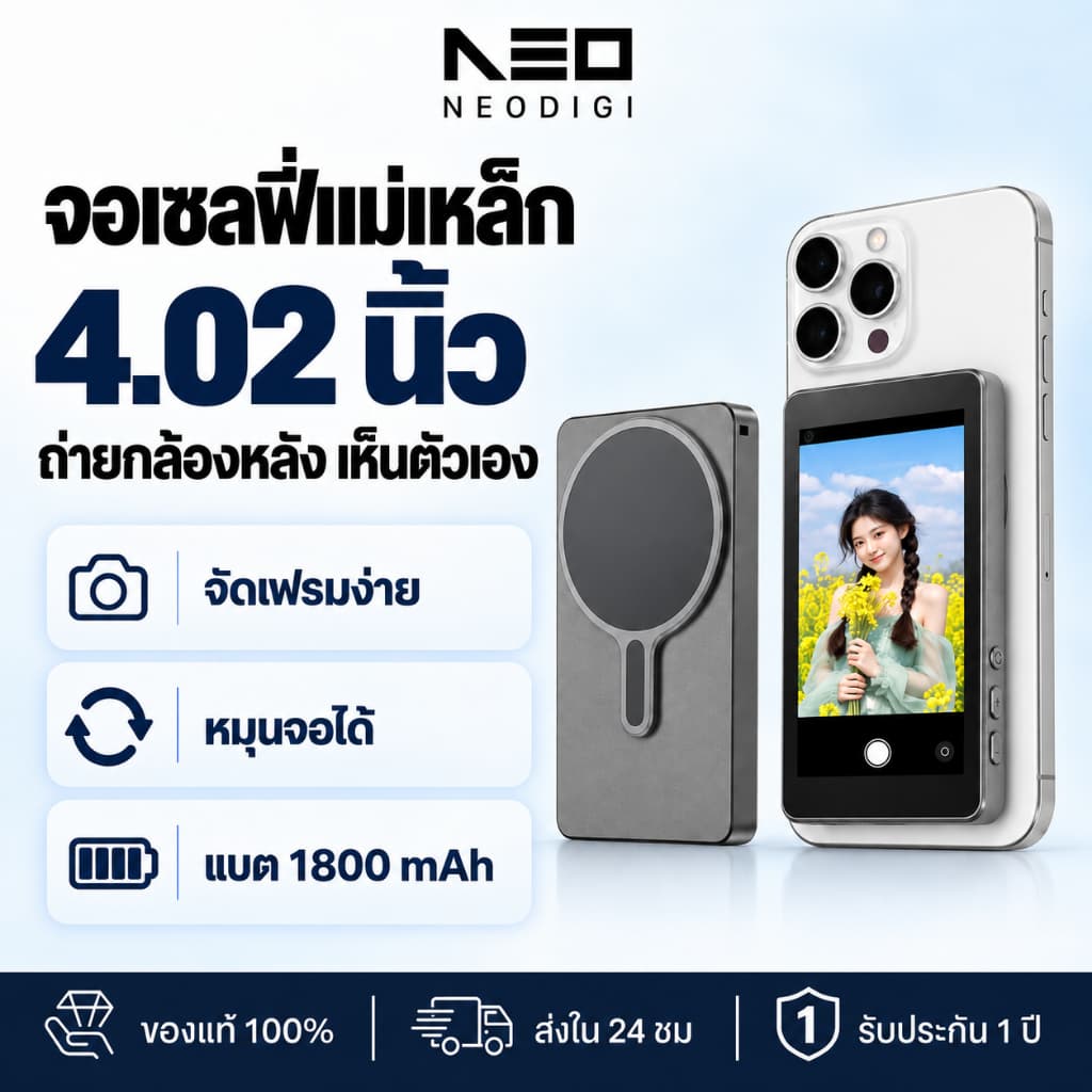 NEODIGI จอมอนิเตอร์สําหรับเซลฟี่ แบบแม่เหล็ก 1800 mAh อุปกรณ์เสริมสําหรับเซลฟี่ หน้าจอ 4.02 นิ้ว…