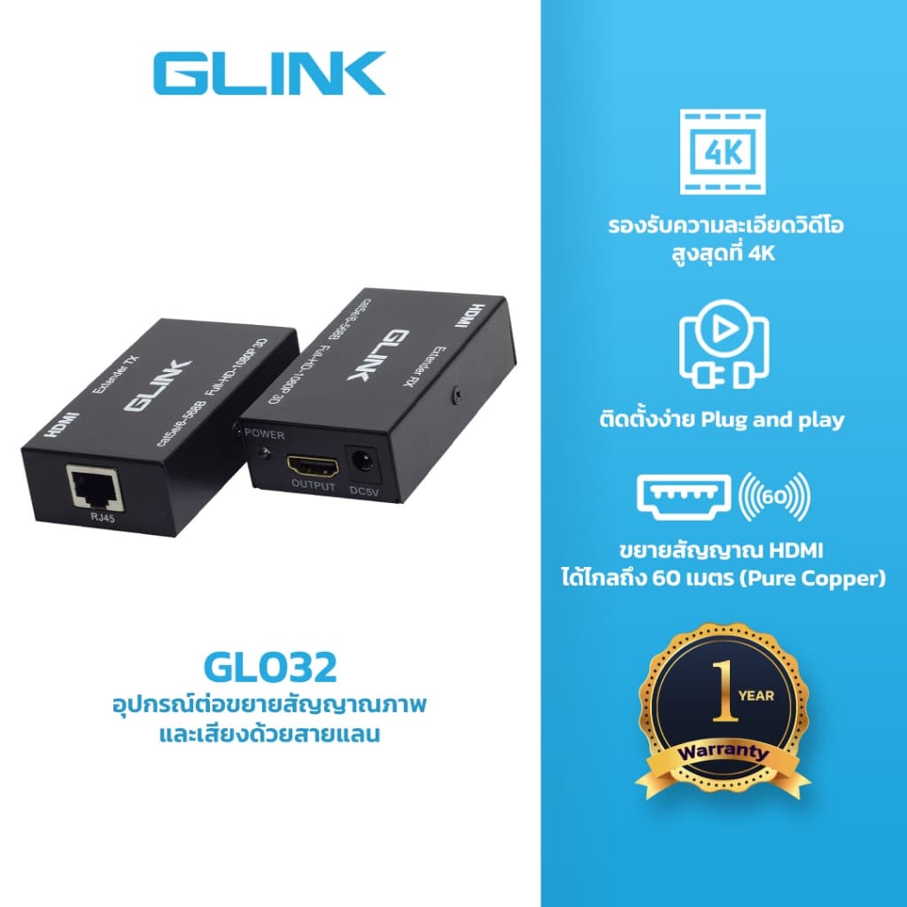 GLINK (GL032) HDMI Extender Ethernet RJ45 to 60M อุปกรณ์ต่อขยายสัญญาณภาพและเสียงด้วยสายแลน ปก. 2ปี ใช้กับสาย…