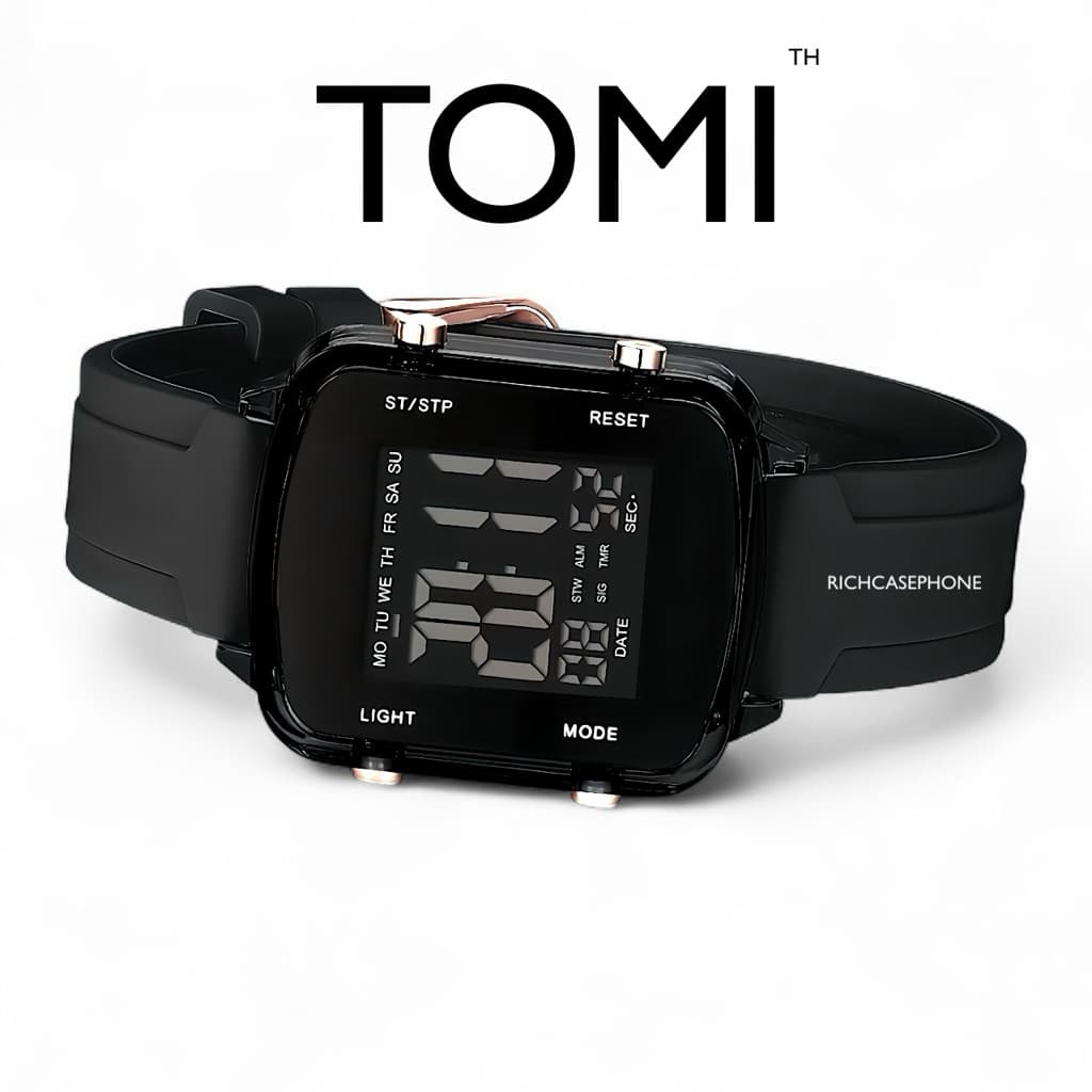 นาฬิกา TOMI - โทมิ แท้ รหัส TM5 กันน้ํา 100% ไฟ LED เต็มจอ หน้าปัดเหลี่ยม 30 MM. สายซิลิโคนเรซิ่น มีหลายสี