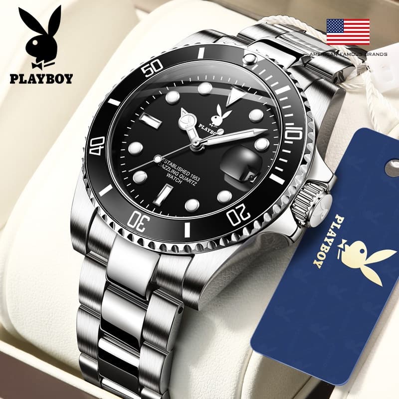 PLAYBOY (ขายแฟลช) สปอตสินค้า นาฬิกาผู้ชาย กันน้ํา ธุรกิจ พร้อมกล่อง ดูเวลา ดูวันที่ เรืองแสง สายสเตนเลส…