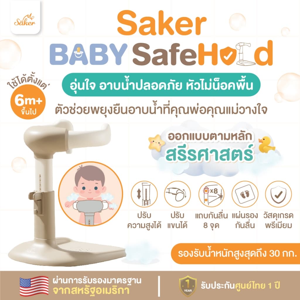หัวไม่น็อคพื้น(มาตรฐานUSA)ที่พยุงที่ยืนอาบน้ําเด็ก Saker Baby SafeHold ปลอดสารพิษ ปลอดภัย กันลื่นล้ม