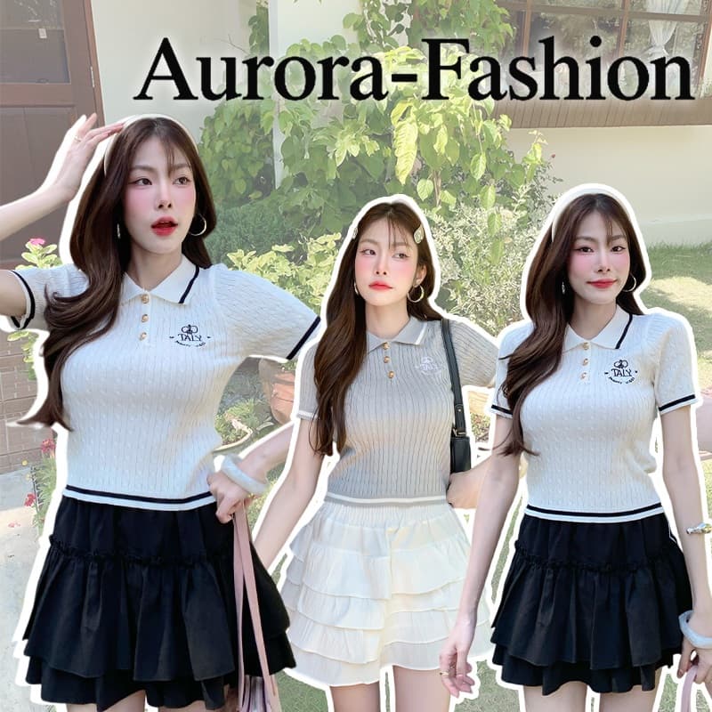 Aurora 🛒พร้อมส่ง🚚 (รูปถ่ายจากงานจริง) เสื้อครอปแขนสั้น คอปก ผ้าไหมพรม นุ่มนิ่มสไตล์มินิมอล