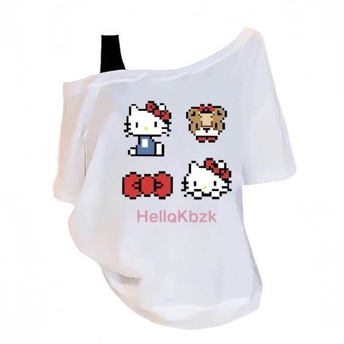 COD |เสื้อทีเชิร์ตผู้หญิง|คอเอียง|ทรงหลวม|เทียม2ชิ้น|ลายการ์ตูนน่ารัก|สไตล์เกาหลี|ใส่ได้ทุกลุค|ไซส์ M-3XL