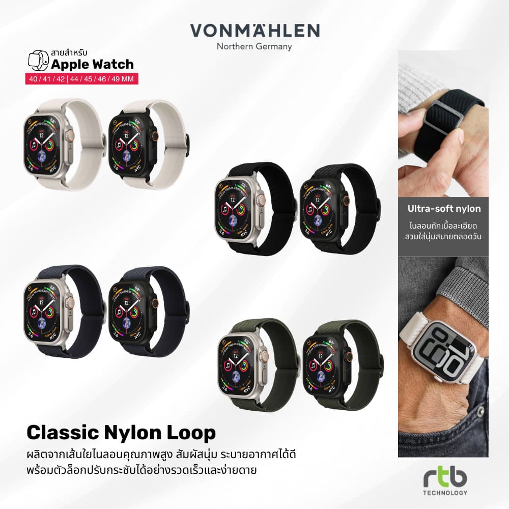 VONMAEHLEN Classic Nylon Loop สาย ไนลอน สําหรับ Apple Watch (40/41/42mm - 44/45/46/49mm) สายนาฬิกา