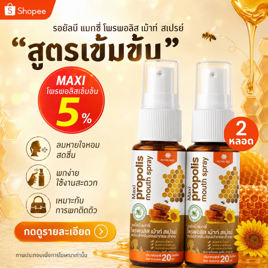 2 หลอด Propoliz โพรโพลิซ สเปรย์สําหรับช่องปาก สูตร MAXI เข้มข้น Propolis Mouth Spray 20ml