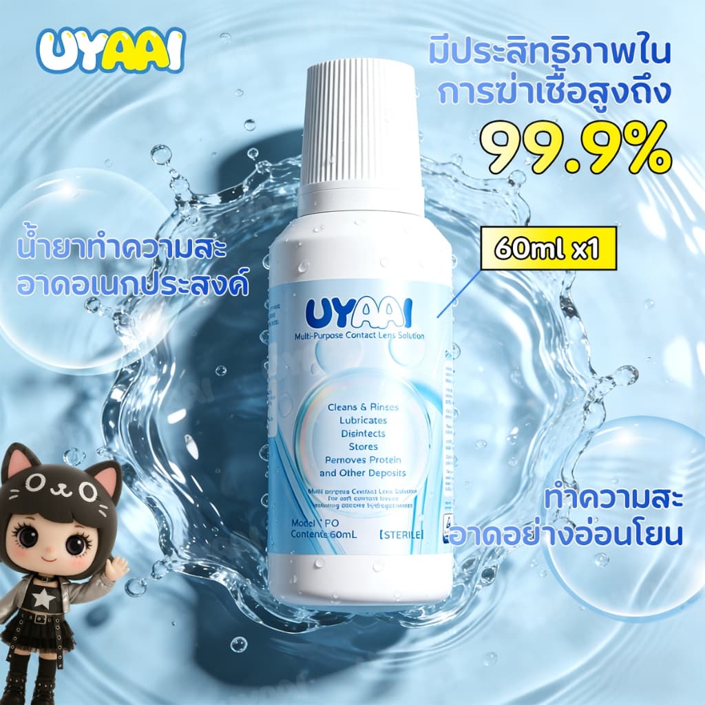 น้ํายาล้างคอนแทคเลนส์ UYAAI เป็นผลิตภัณฑ์ดูแลคอนแทคเลนส์ที่มีจําหน่ายในขนาด 60/120/360 มล. ซื้อ 1 แถม 1