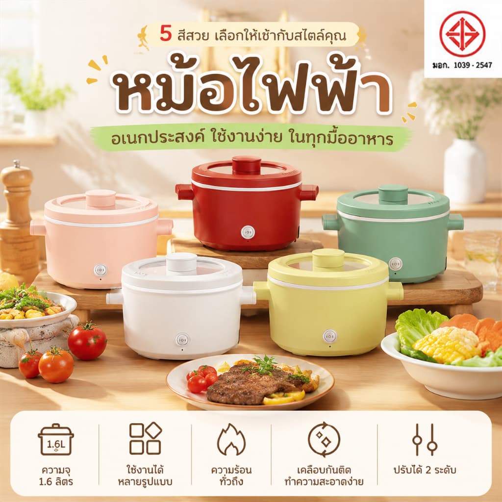หม้อหุงข้าวไฟฟ้า 1.6 ลิตร ดีไซน์มินิมอล อเนกประสงค์ หุง ต้ม ผัด ทอด ตุ๋น นึ่ง อุ่น หม้อเดียวเอาอยู่ สําหรับ…