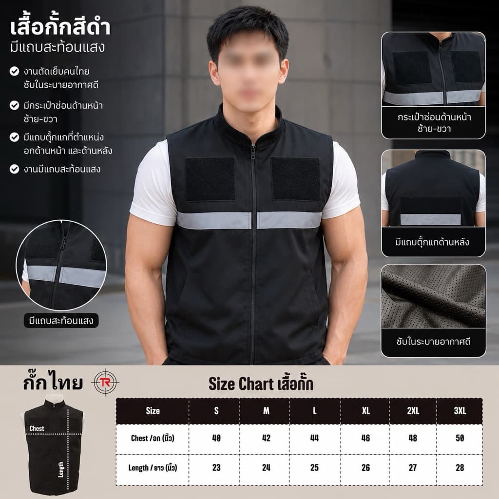 เสื้อกั๊กสีดํา มีแถบตีนตุ๊กแกถูกระเบียบ งานตัดเย็บโรงงานไทยซับในเป็นผ้าตารางระบายอากาศดีมาก