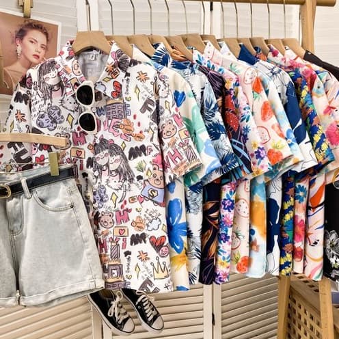 เสื้อเชิ้ตแฟชั่นลายดอก เสื้อสงกรานต์ ติดกระดุมหน้า เสื้อคอปก ผ้าไหมอิตาลี เนื้อผ้าดีใส่สบาย ผ้าพิมพ์ลายทั้งผืน