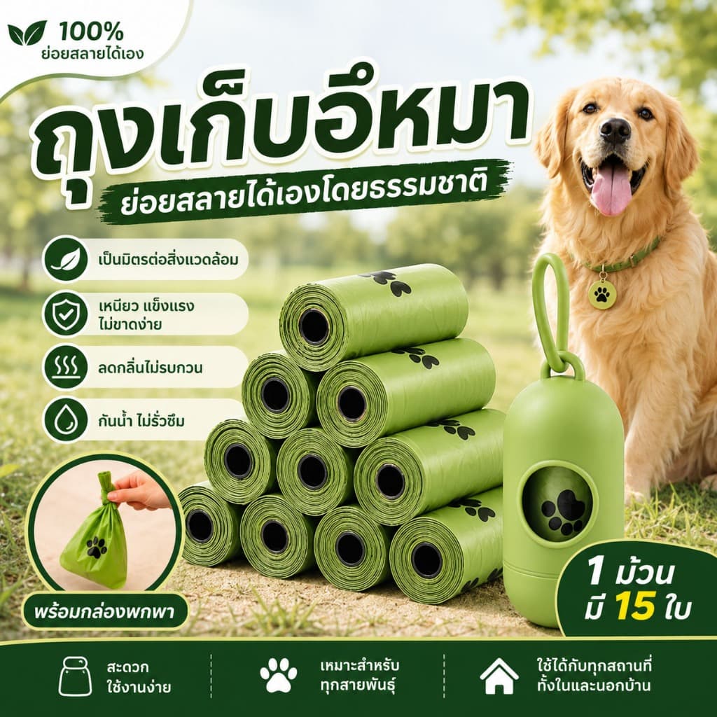 (20 ม้วน ฟรีแคปซูล) ถุงเก็บมูลสัตว์ รุ่นหนา ถุงเก็บมูลสุนัข ถุงเก็บอึแมว มีกลิ่นหอม…