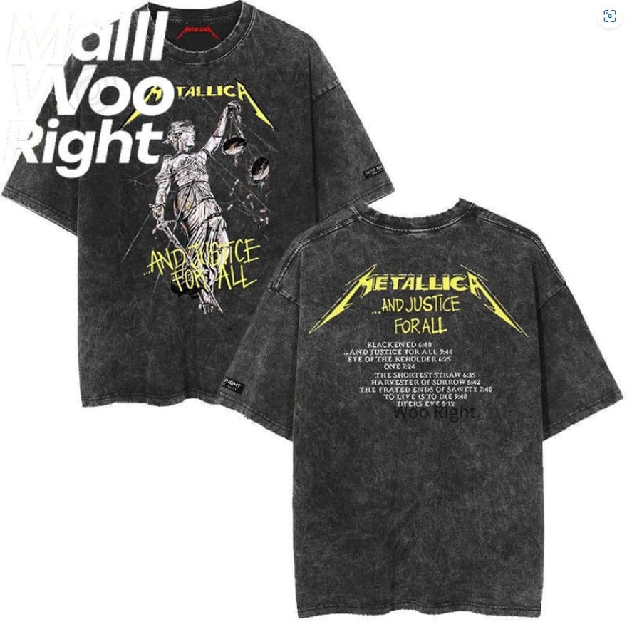 (จัดส่งตลอด 24 ชั่วโมง)Woo Right ชายเสื้อยืดสีดําฟอกขาวรอบคอ "METALLICA คอลเลกชัน"…