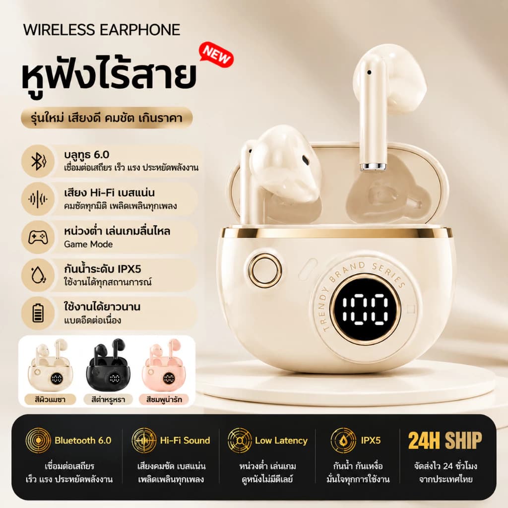 หูฟังไร้สาย Bluetooth 6.0 เสียงดี เบสแน่น หูฟังบลูทูธ พร้อมกล่องชาร์จ แบตอึด ลดเสียงรบกวน พกพาง่าย…