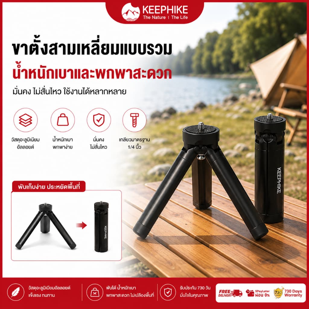 KEEPHIKE ไฟแคมป์ปิ้งกลางแจ้ง ขาตั้งกล้องมัลติฟังก์ชั่น ขาตั้งเซลฟี่อเนกประสงค์ ทําจากโลหะผสม