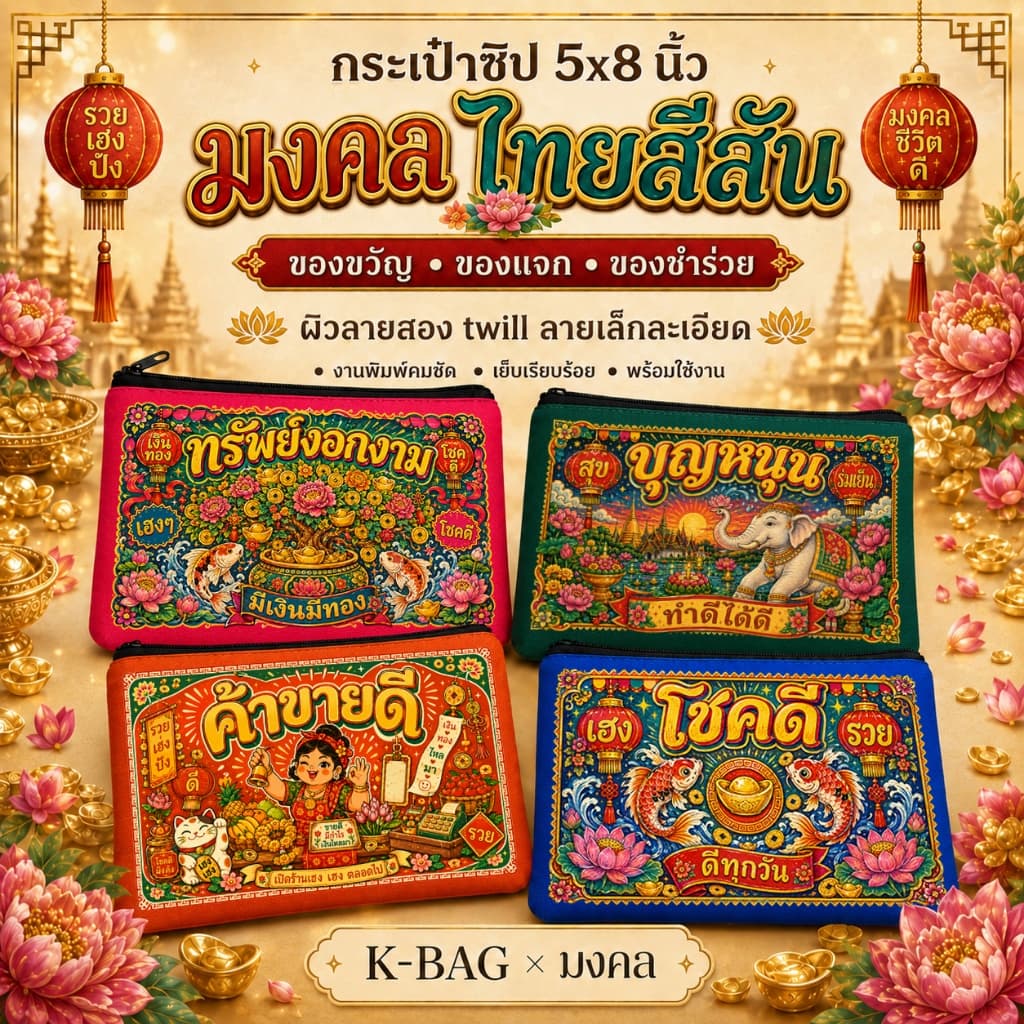 มงคล กระเป๋าซิปลายมงคล ไทยสีสัน ของขวัญ ของแจก ของชําร่วย (5x8นิ้ว)
