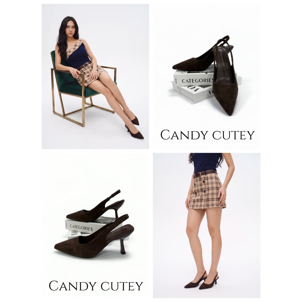 Candy Cutey รองเท้าส้นสูงปลายแหลม สายรัดส้น ผิวสเวด ปรับระดับได้ ดีไซน์หรูหรา เหมาะไปทํางาน แต่งตัวได้หลายลุค