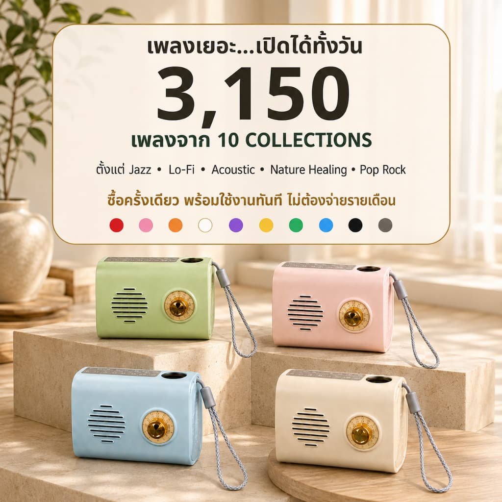 เครื่องเล่นเพลง MP3 3,150 เพลง All Day Music Edition ลําโพงบลูทูธพกพา ชาร์จโซลาร์เซลล์ เพลงเปิดร้านกาแฟ สปา