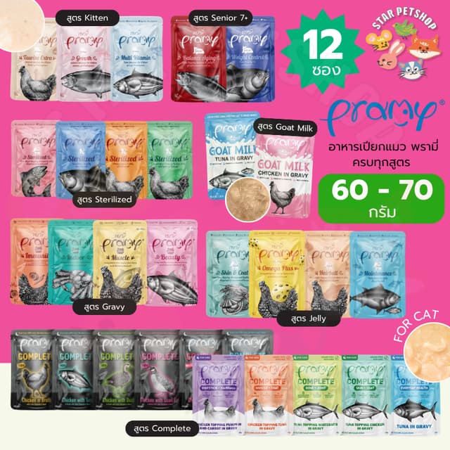 Pramy อาหารเปียกพรามี่ รวมทุกสูตร สําหรับแมวบํารุงสุขภาพ ไม่เติมเกลือ ขนาด 70g.*12 ซอง