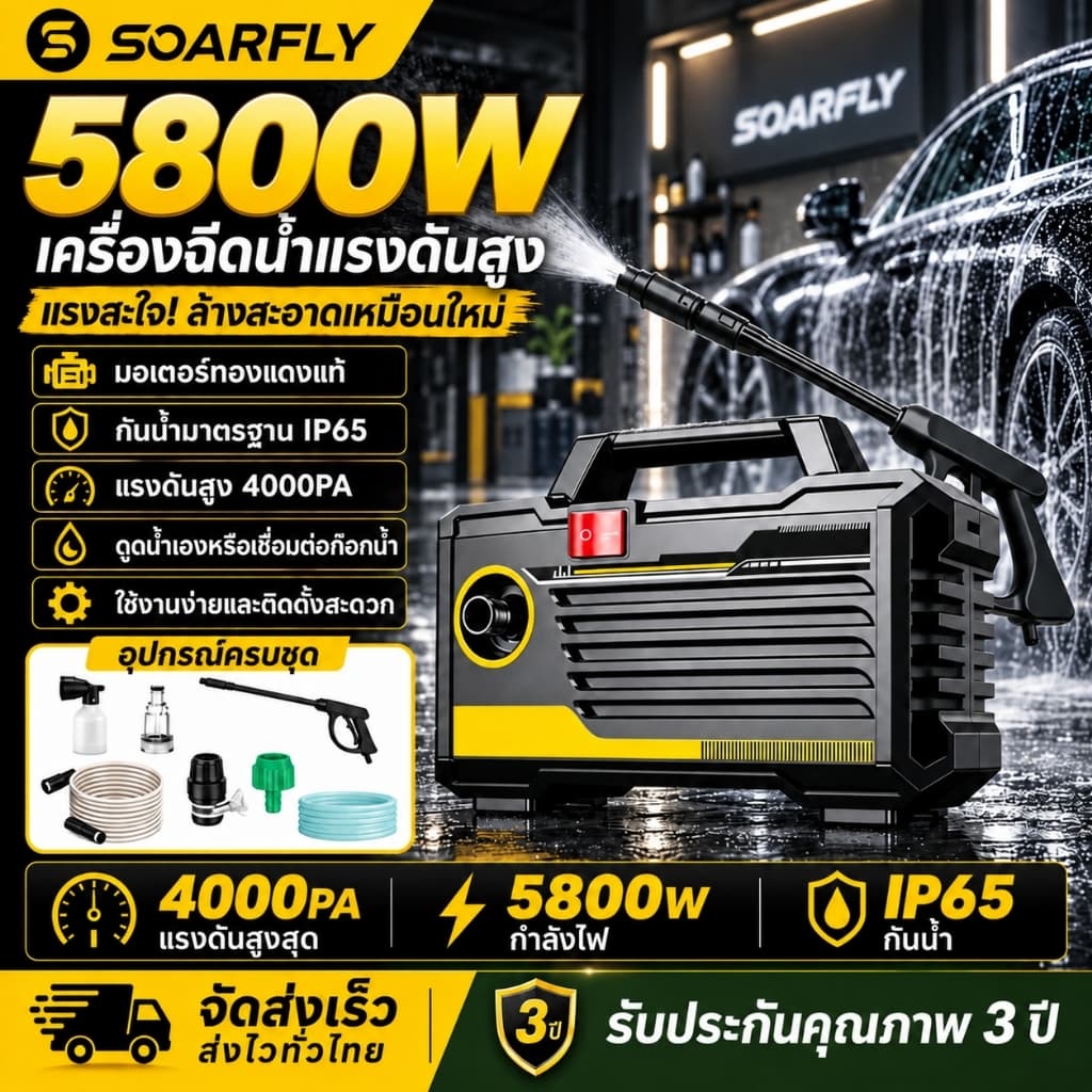 SOARFLY 5800W 4000PA เครื่องฉีดน้ําแรงดันสูง เครื่องฉีดน้ําแรงดันสูง มอเตอร์เหนี่ยวนําดูดน้ําได้ด้วยตัวเอง…