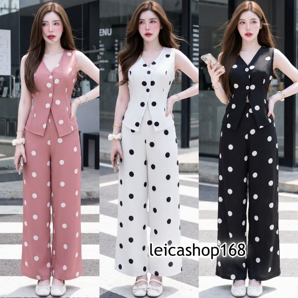 สินค้าพร้อมส่ง ชุดเซตแฟชั่น ผ้าไหมอิตาลี(Polka Dot) คอวีแขนกุดกระดุมหน้า…
