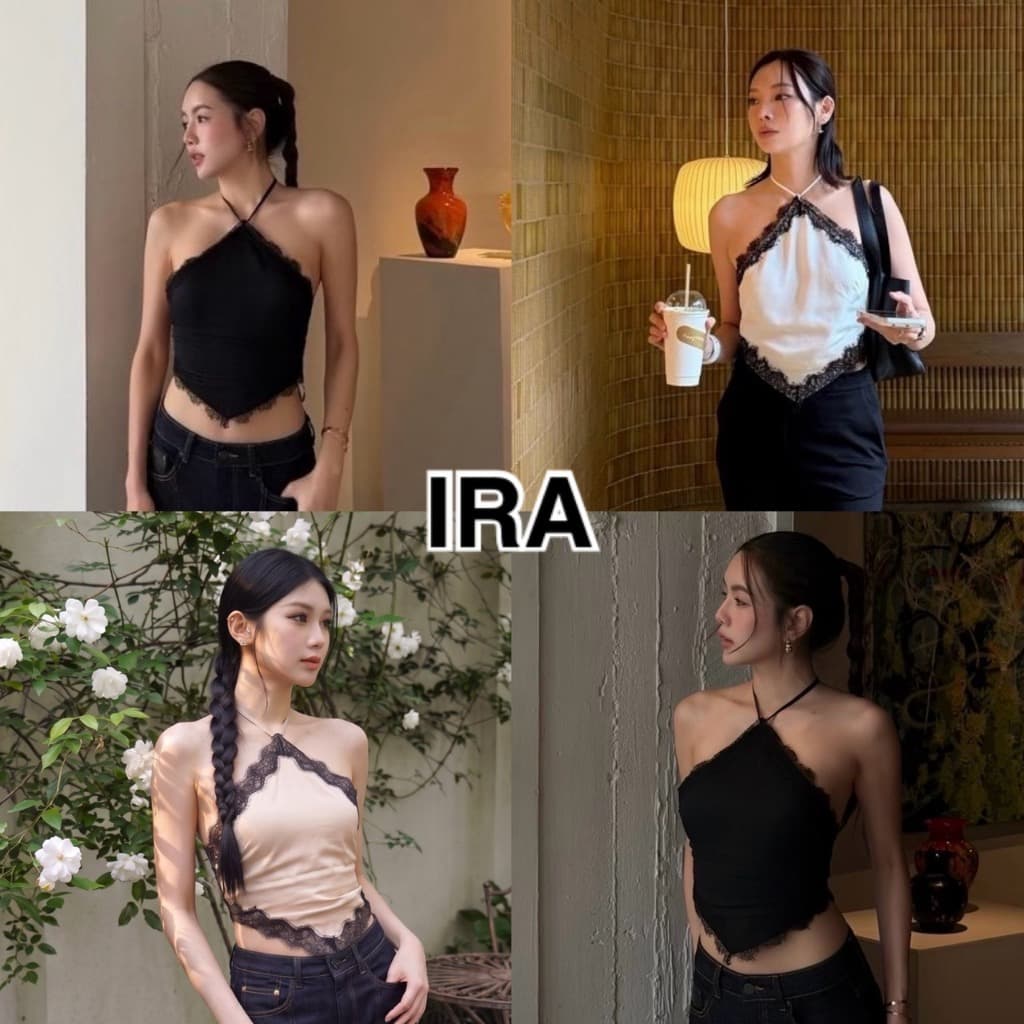 BY IRA (2026-210)Trilly Top เสื้อสายเดี่ยวคอคล้อง แต่งขอบลูกไม้ ผ้าซาติน เปิดหลัง ดีไซน์เก๋ สไตล์เกาหลี
