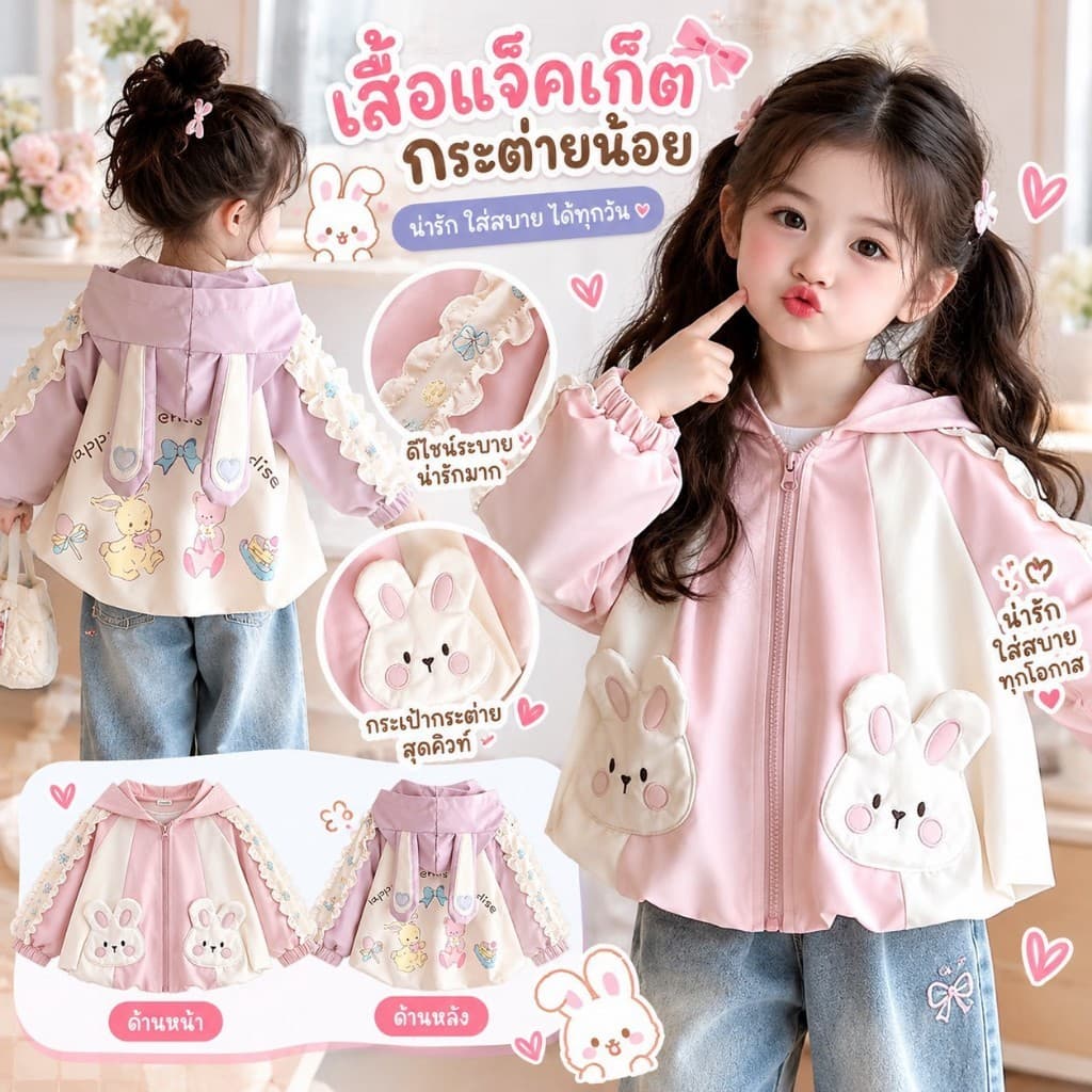 BB137 เสื้อคลุมเด็กกันแดดกันลม ลายกระต่ายน่ารัก มีฮู้ดหูกระต่าย เสื้อแจ็คเก็ตเด็กผู้หญิง สไตล์เกาหลี