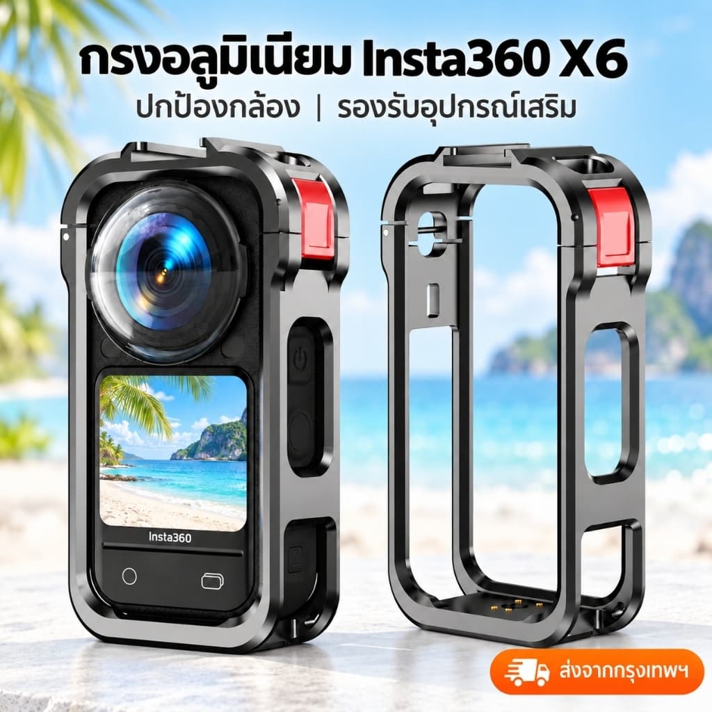 กรงอลูมิเนียม Insta360 X6 รุ่น Pro เคสกันกระแทก ถอดแบตได้ มี Cold Shoe และเกลียว 1/4 นิ้ว