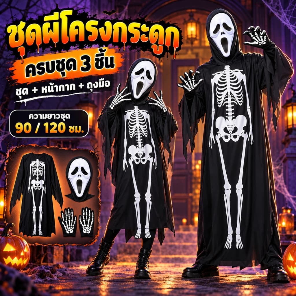ชุดฮาโลวีน ชุดผีโครงกระดูก ฮาโลวีน พร้อมหน้ากากและถุงมือ 90/120 ซม เด็กและผู้ใหญ่ ชุดแฟนซี คอสเพลย์