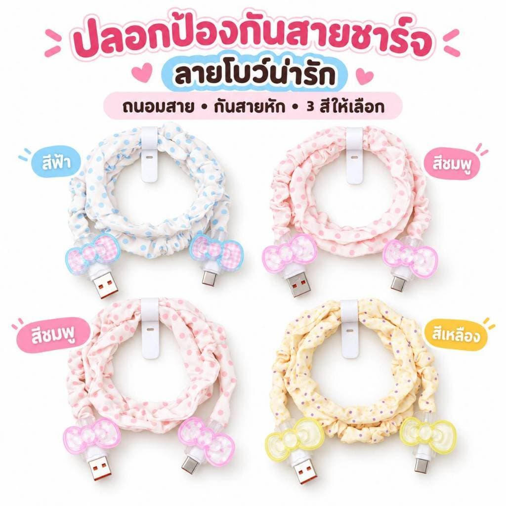 4PCS ตัวป้องกันสายชาร์จ ปลอกหุ้มสายเคเบิลลายจุดและโบว์ สําหรับป้องกันสายเคเบิลข้อมูล สายชาร์จ และอื่นๆ น่ารัก…