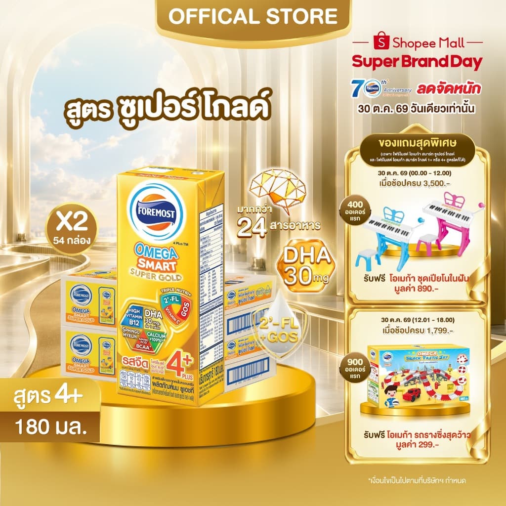 โฟร์โมสต์ โอเมก้า สมาร์ท ซูเปอร์ โกลด์ 4+นมยูเอชที รสจืด 180 มล. แพ็ค 27 Foremost Omega Smart Super Gold 4+