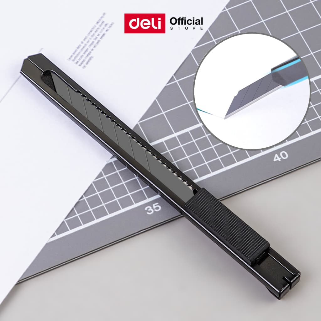คัตเตอร์เหล็ก Deli ใบมีดดํา SK5 คมทน หักใช้ได้ 7 ครั้ง ตัดกระดาษ งานอเนกประสงค์ Cutter
