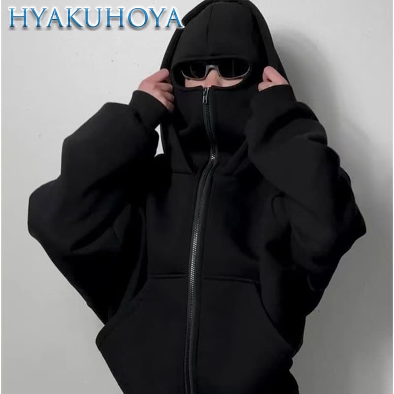 เสื้อฮู้ดนินจา,Hoodie with 2 Balaclava Face Covers HOODIE ZIPPER BLACK JACKET