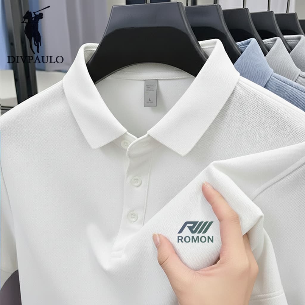 DIVPOLO2855-RIIIผู้ชายผ้าฝ้ายแท้เสื้อโปโลปกปักแขนสั้นสีทึบสบายๆทุกการแข่งขันเสื้อยืด