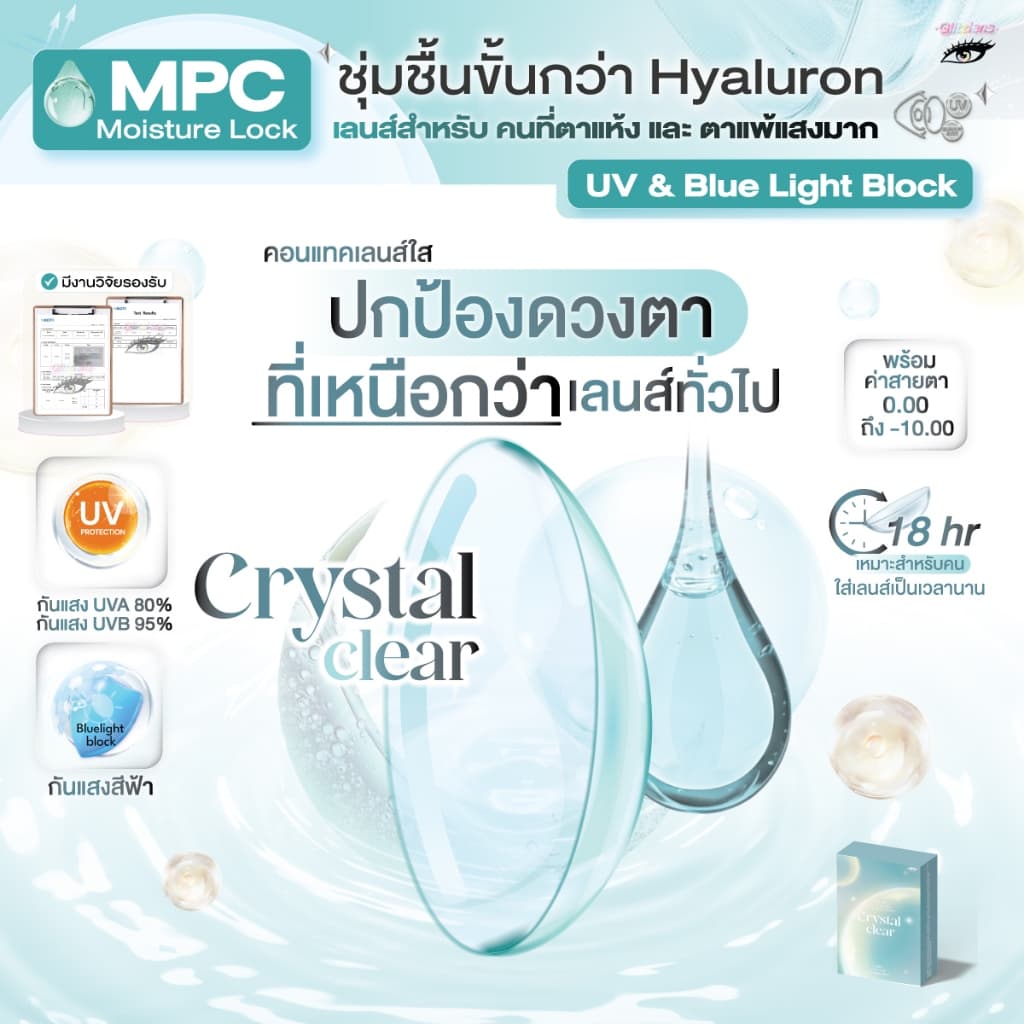 Crystal Clear คอนแทคเลนส์ใสรายเดือน กันแสงสีฟ้า/UV วัสดุ MPC Moisture lock