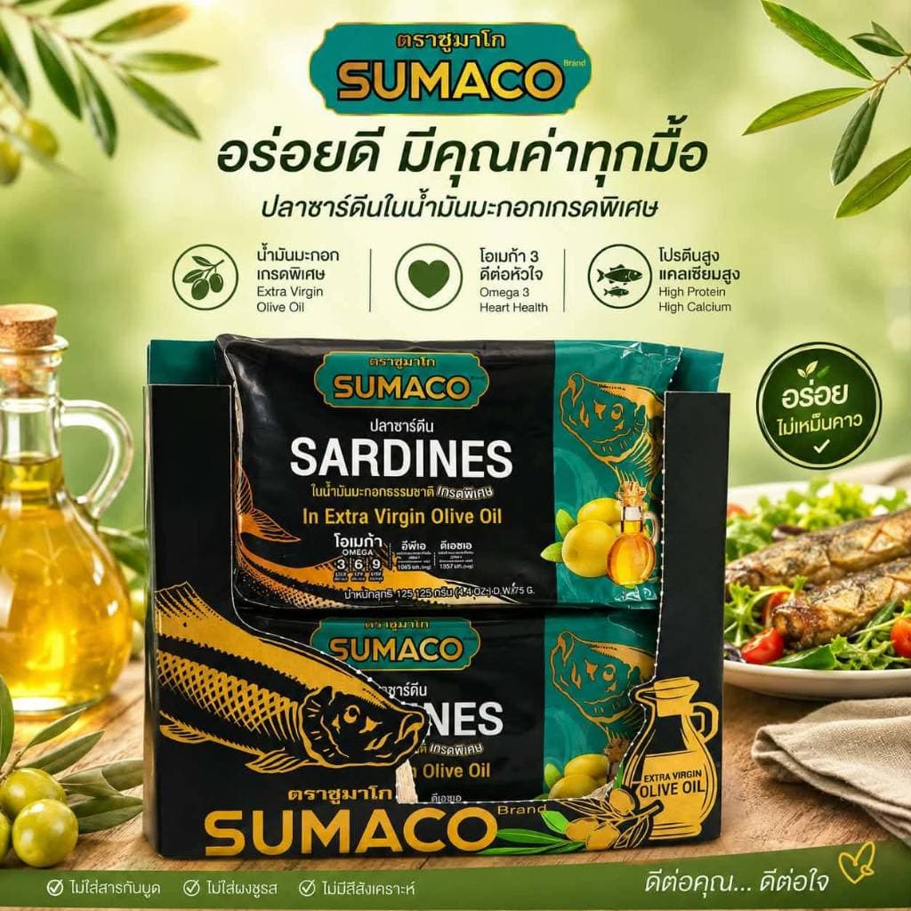 SUMACO ปลาซาร์ดีนในน้ํามันมะกอก เกรดพรีเมียม 125g | ปลาซาร์ดีนเนื้อแน่น หอมน้ํามันมะกอก อร่อยกลมกล่อม