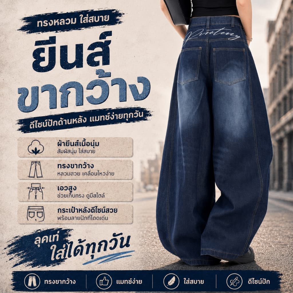 กางเกงยีนส์ผู้หญิง ขากว้าง เอวสูง ทรงหลวม ผ้ายีนส์นุ่ม ใส่สบาย สไตล์ Y2K แมทช์ง่าย ขายาว พรางหุ่น ลุคเกาหลี…