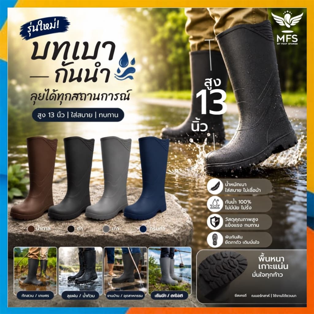 รองเท้า บูทเบา บูทกันน้ํา บูทยาว ผลิตในไทย สูง 13 นิ้ว ผลิตในไทย ยืดหยุ่น น้ําหนักเบา ใส่สบาย รุ่น 999