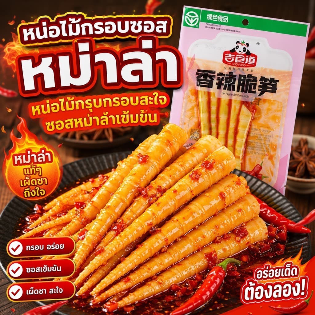 หน่อไม้ปรุงรสหม่าล่า กรุบกรอบ เคี้ยวมันส์ ทานเล่นก็เพลิน ทานคู่มื้อหลักก็อร่อย ขนาด 60 กรัม 🌶️
