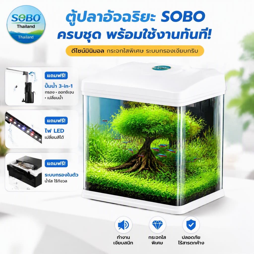 Sobo ตู้ปลา ไฟตู้ปลา ตู้ปลาเล็ก ตู้ปลาเลโก้ ไฟ led ตู้ปลา ตู้ปลายาว ตู้ปลาโค้ง ตู้ปลามินิ T190F/240F รูปที่ 1