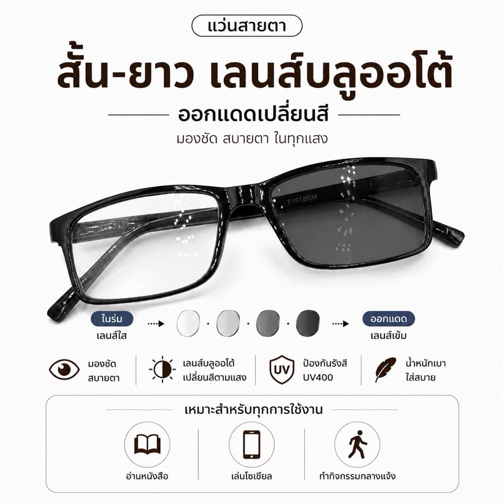 แว่นสายตาสั้น-ยาว เลนส์บลูออโต้ ออกแดดเปลี่ยนสี น้ําหนักเบา