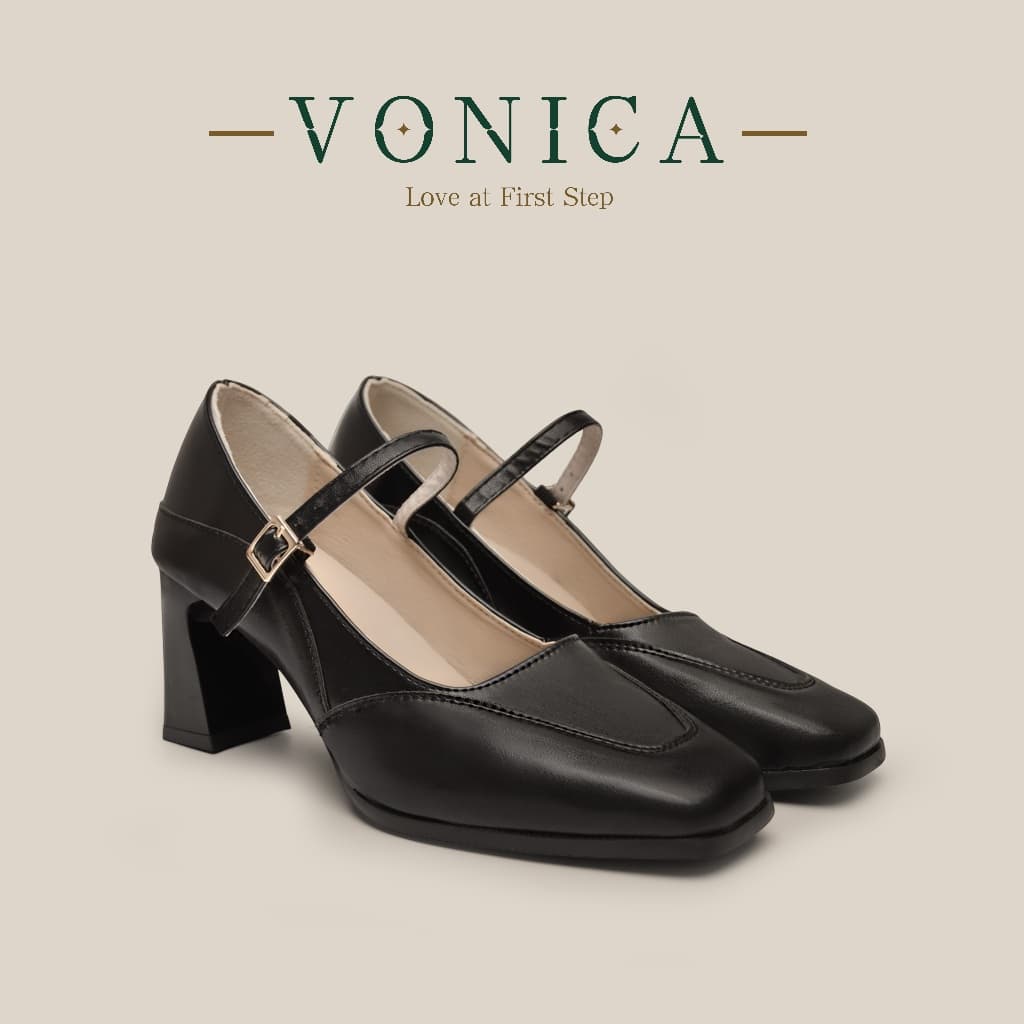 VONICA ส้นสูง รองเท้าแมรี่เจนผู้หญิง หัวรองเท้าเหลี่ยมเล็ก ส้นบล็อกหนา สไตล์วินเทจ หนังนุ่ม