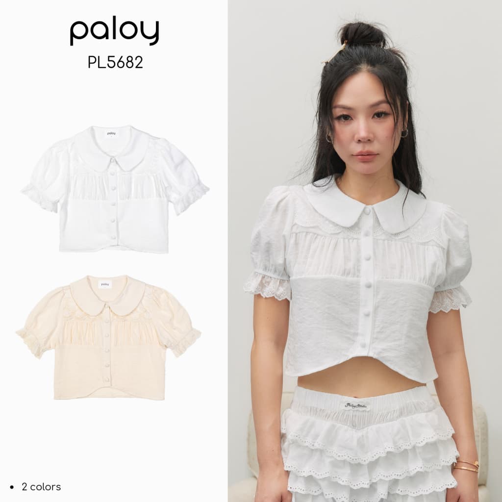 Paloy - PL5682 Tulip Top เสื้อแขนตุ๊กตา คอบัว รูดอกแต่งลูกไม้เรเยอร์อกด้านบนแต่งลูกไม้