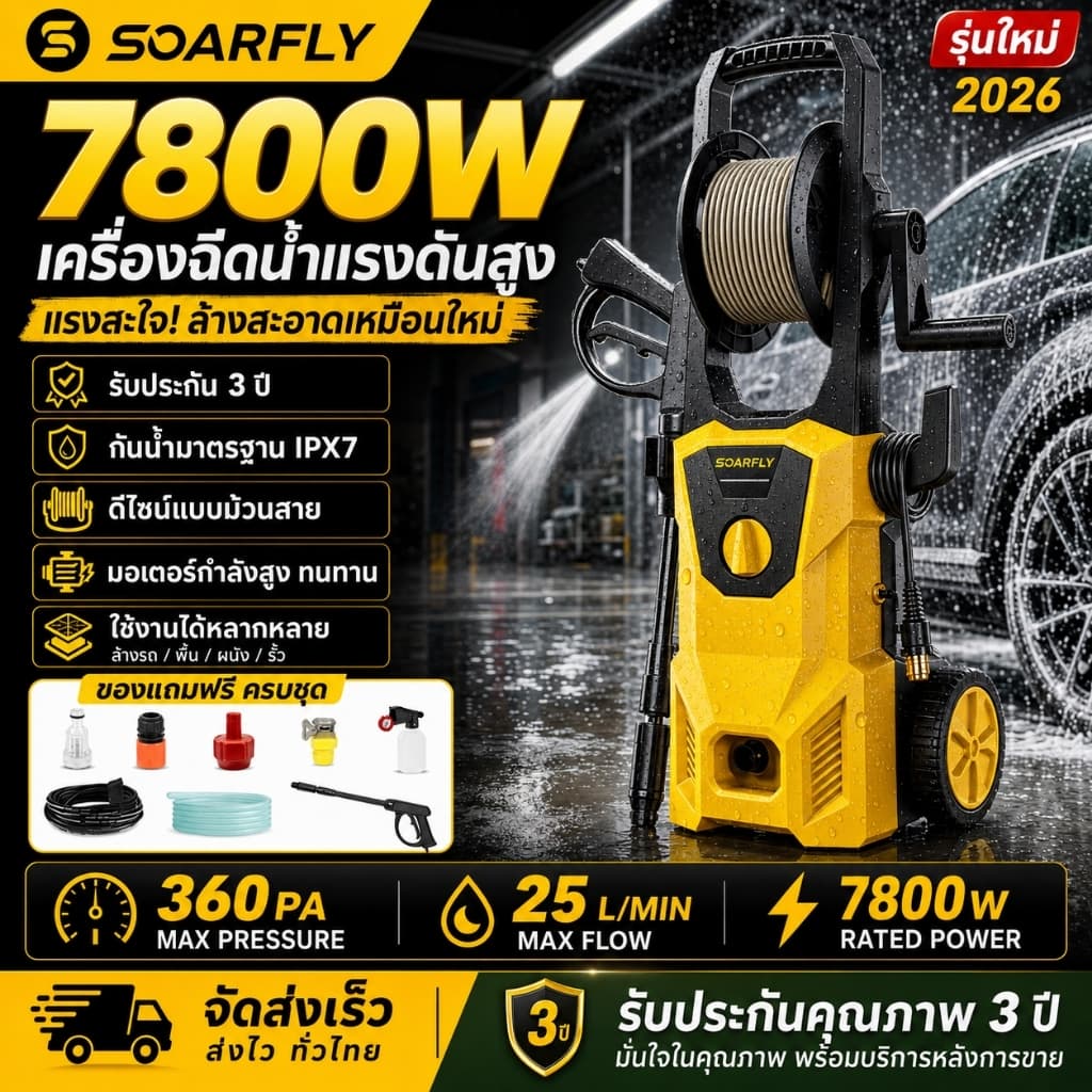 SOARFLY 7800W เครื่องฉีดน้ําแรงดันสูง เครื่องฉีดน้ํา 520PA เครื่องใหญ่ มอเตอร์ทรงพลัง