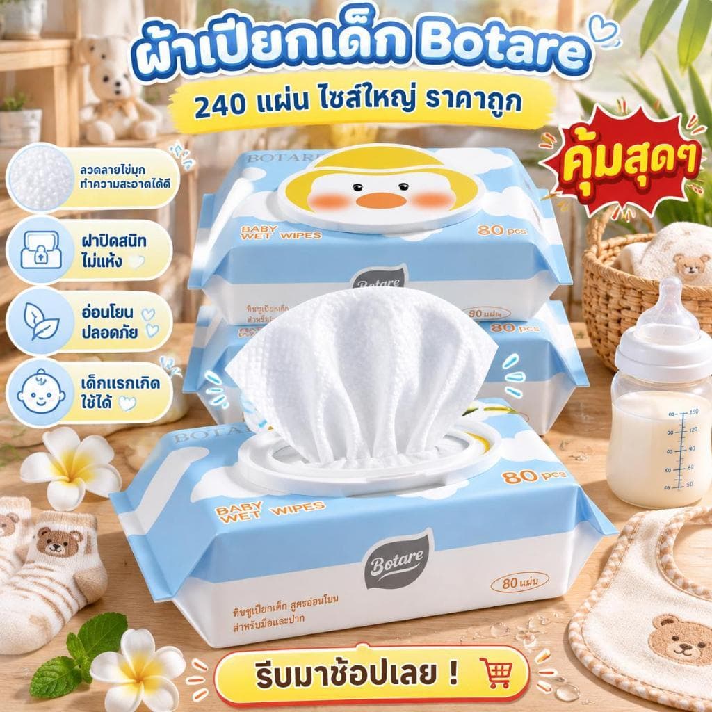 BOTAREทิชชู่เปียกสําหรับแม่และเด็ก ลายไข่มุก เพิ่มขนาดและความหนา แผ่นใหญ่ 180×140 มม. ไม่มีสารเติมแ