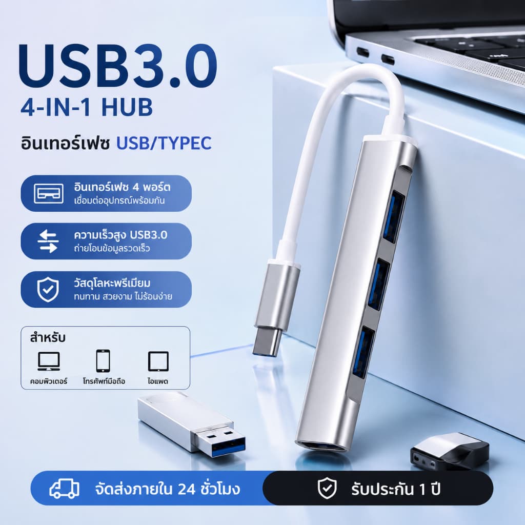 usb hub 3.0 4 พอร์ต OTG อะแดปเตอร์ Type C 3.1 Multi Splitter สําหรับ Xiaomi Lenovo Macbook Pro Air PC
