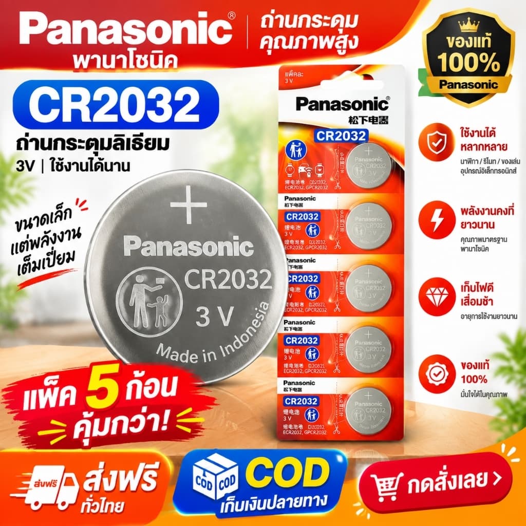 Panasonic CR2032 ถ่านกระดุม 3V ถ่านลิเธียม CR2032 แบตเตอรี่กระดุม สําหรับรีโมทรถยนต์ เครื่องชั่ง นาฬิกา