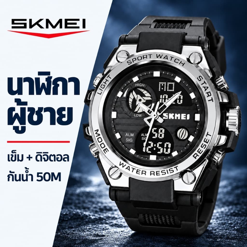 SKMEI 2031 นาฬิกาผู้ชาย ดิจิตอลผสมเข็ม กันน้ํา 50M ใส่ว่ายน้ําได้ สาย PU จับเวลา ไฟ EL