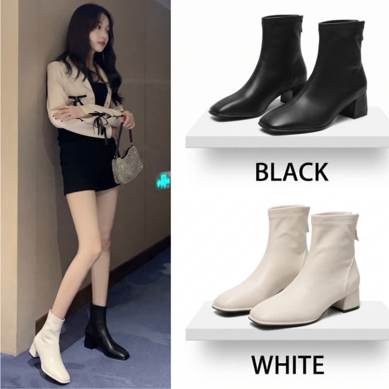 🚚พร้อมส่งจากไทย-PU Short Boot รองเท้าหนังแฟชั่นรองเท้าส้นสูงสําหรับผู้หญิง