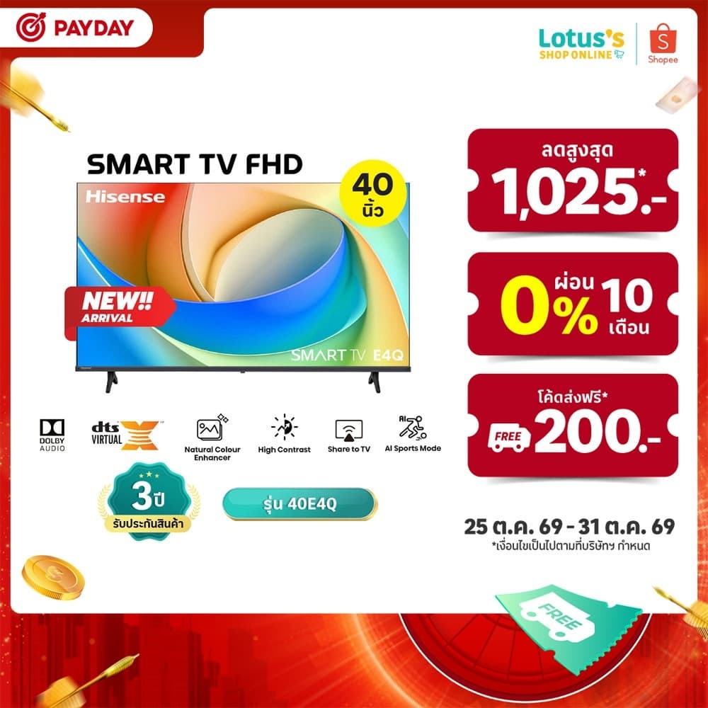 ไฮเซ่นส์ สมาร์ททีวี VIDAA FHD ขนาด 40 นิ้ว สีดํา รุ่น 40E4Q HISENSE SMART TV VIDAA FHD 40 INCH BLACK MODEL…