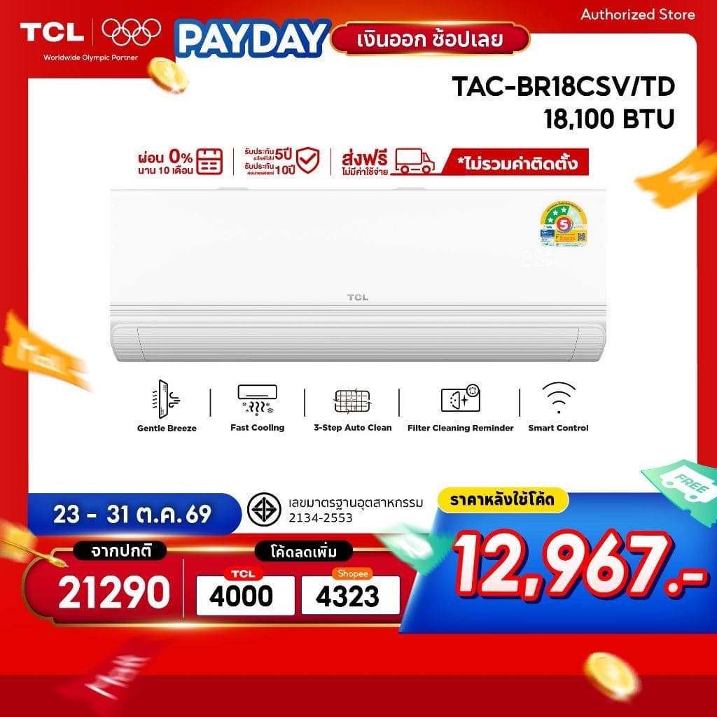 TCL BreezeIN แอร์ Inverter 18,100 BTU รุ่น TAC-BR18CSV/TD T-AI Energy Saving ประหยัดไฟเบอร์ 5 ควบคุมผ่าน App